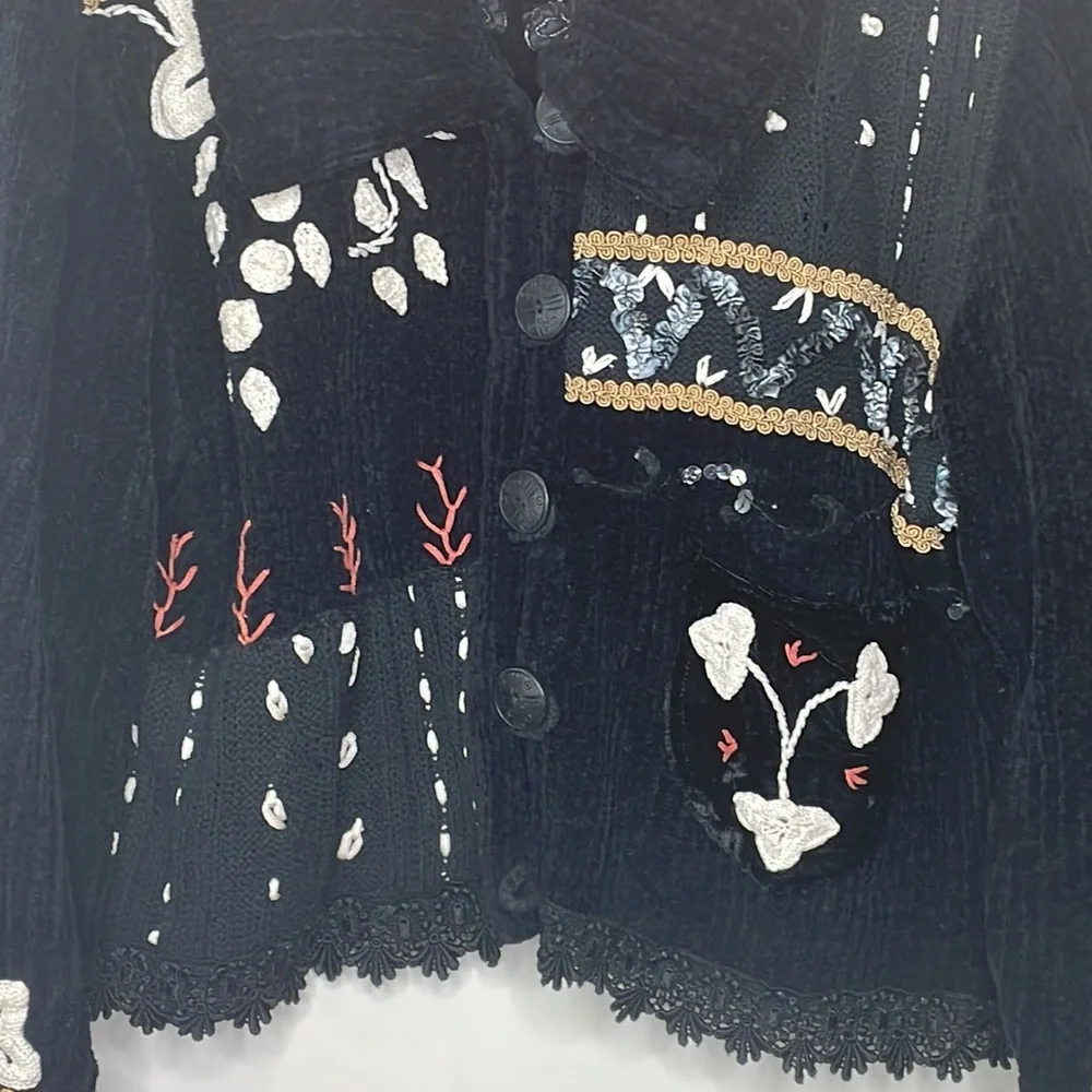 Vintage Sandy Starkman || Chenille Button Front/Ribbon Art Sweater/Jacket - Picture 4 of 17